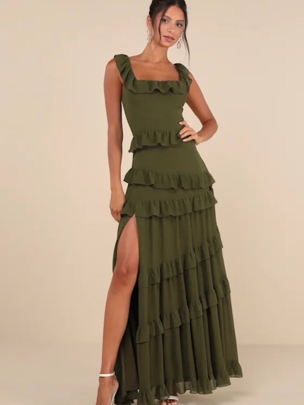 Lulu's Olive Ruffle Tiered Maxi Dress with Square Neck